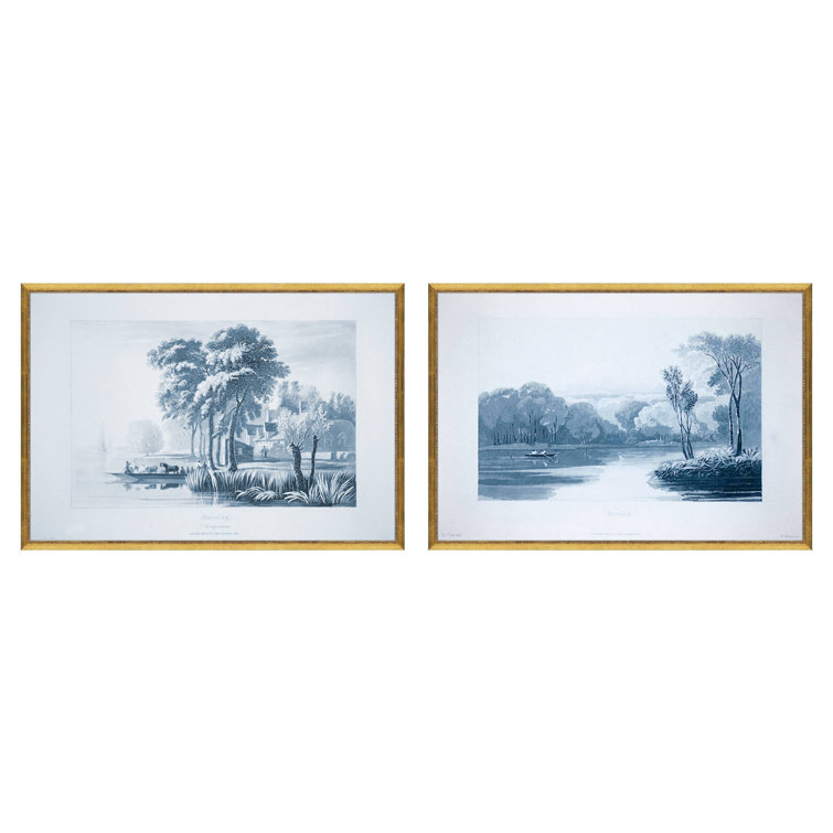 Blue Coastal Landscape Framed Art Set with Gold Beaded Frame