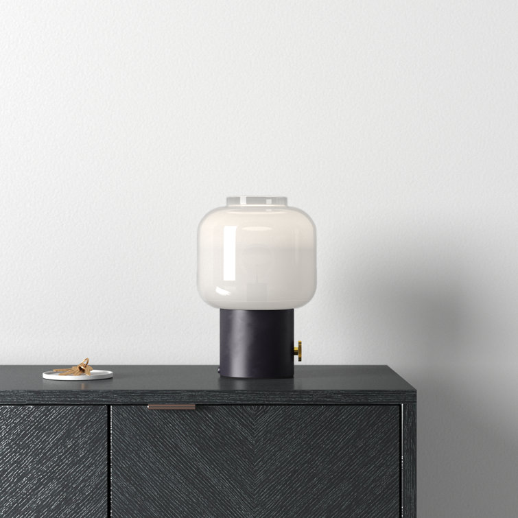 12'' Black and White Glass Table Lamp with Brass Knob