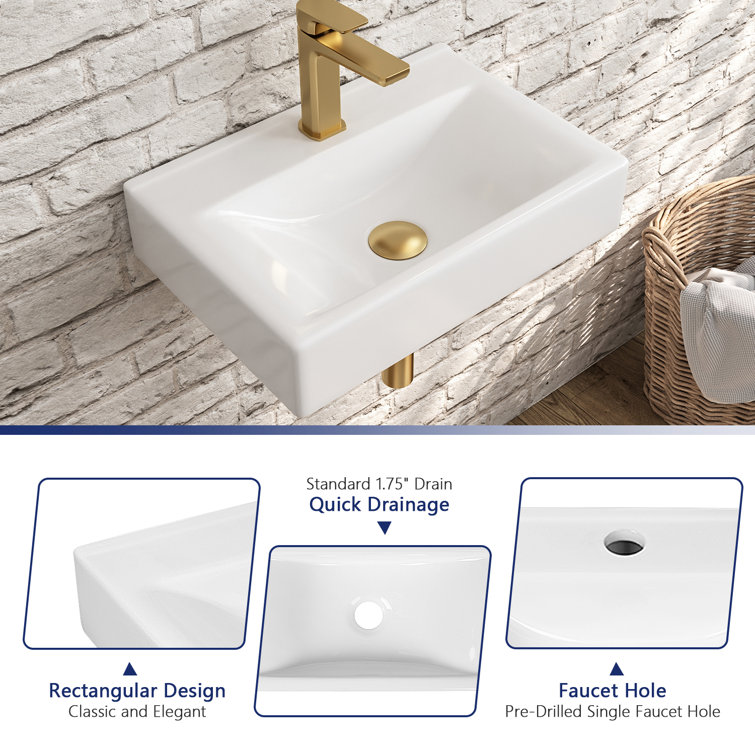 18'' White Ceramic Wall-Mount Bathroom Sink with Faucet Hole