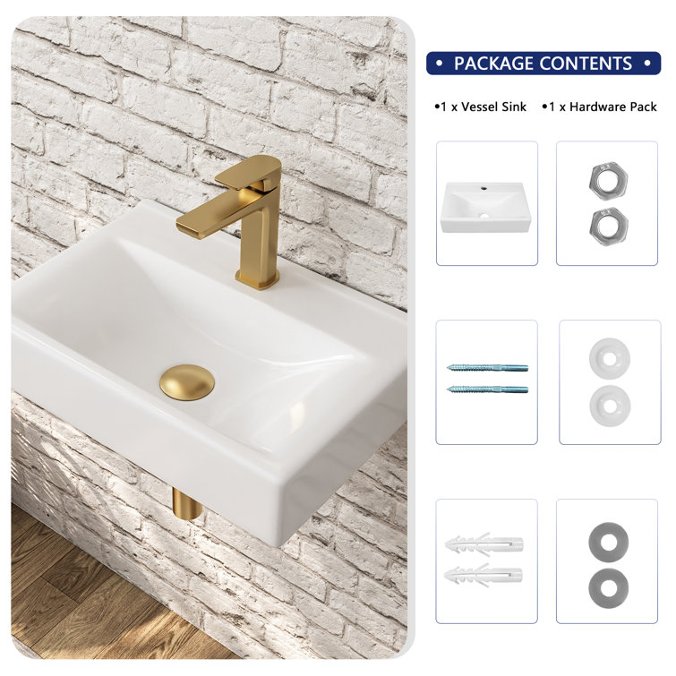 18'' White Ceramic Wall-Mount Bathroom Sink with Faucet Hole