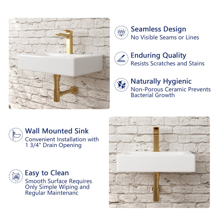 18'' White Ceramic Wall-Mount Bathroom Sink with Faucet Hole