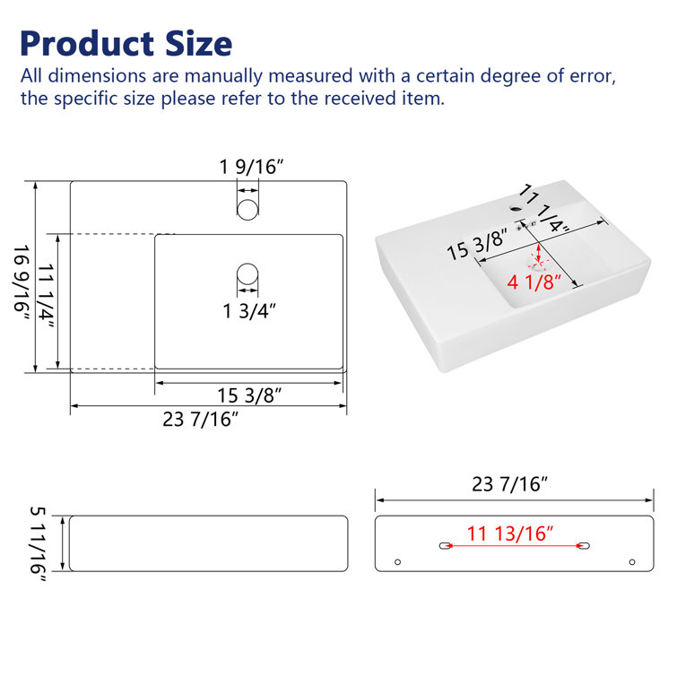 23.43'' White Ceramic Rectangular Wall Mount Bathroom Sink with Overflow