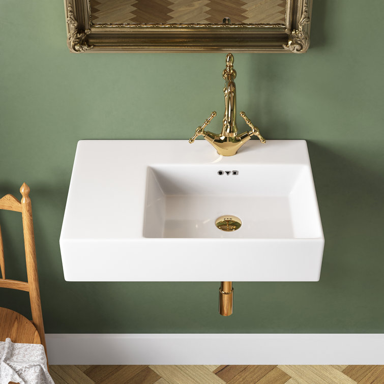 23.43'' White Ceramic Rectangular Wall Mount Bathroom Sink with Overflow
