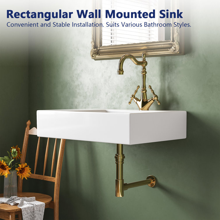 23.43'' White Ceramic Rectangular Wall Mount Bathroom Sink with Overflow