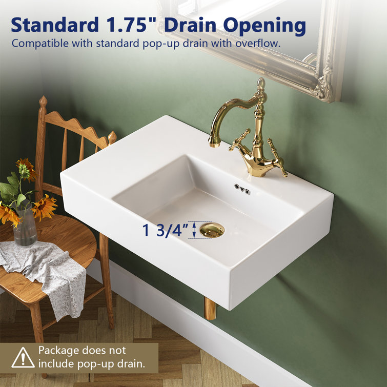 23.43'' White Ceramic Rectangular Wall Mount Bathroom Sink with Overflow