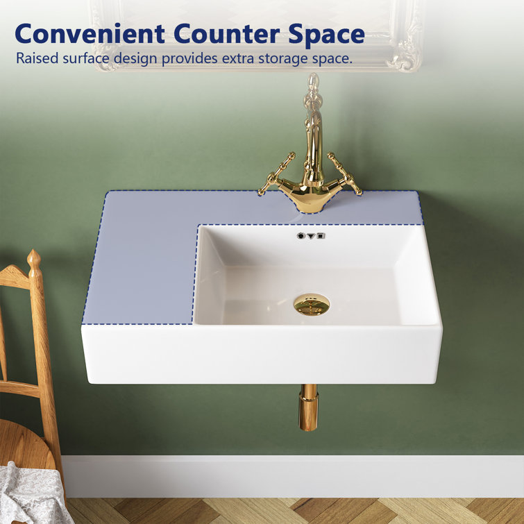 23.43'' White Ceramic Rectangular Wall Mount Bathroom Sink with Overflow