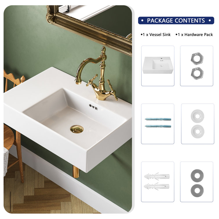 23.43'' White Ceramic Rectangular Wall Mount Bathroom Sink with Overflow