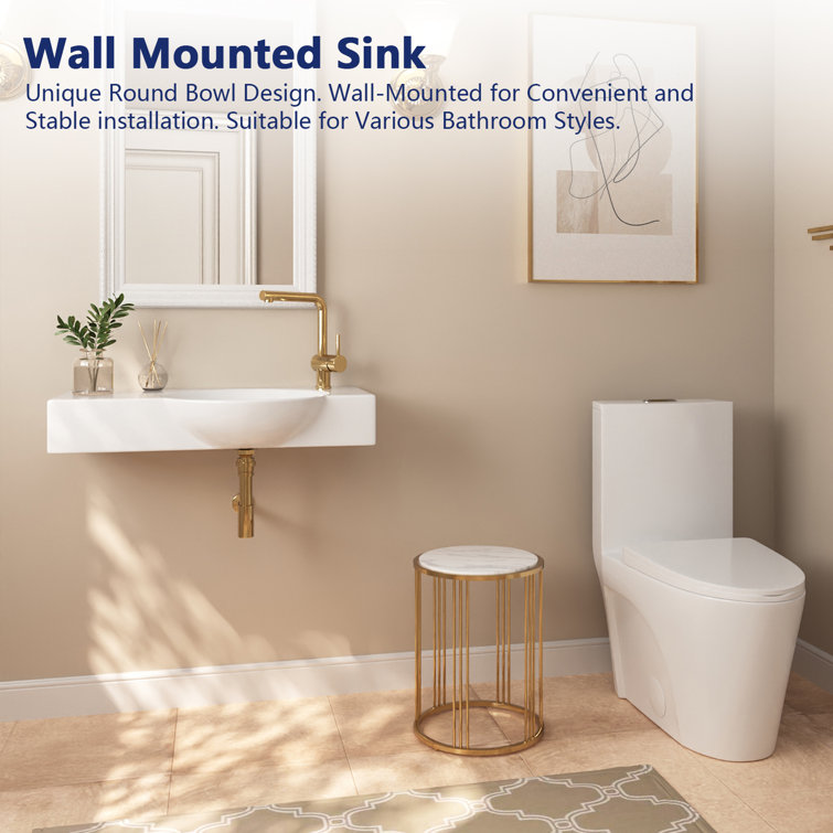 30'' White Ceramic Wall-Mount Bathroom Sink with Faucet Hole