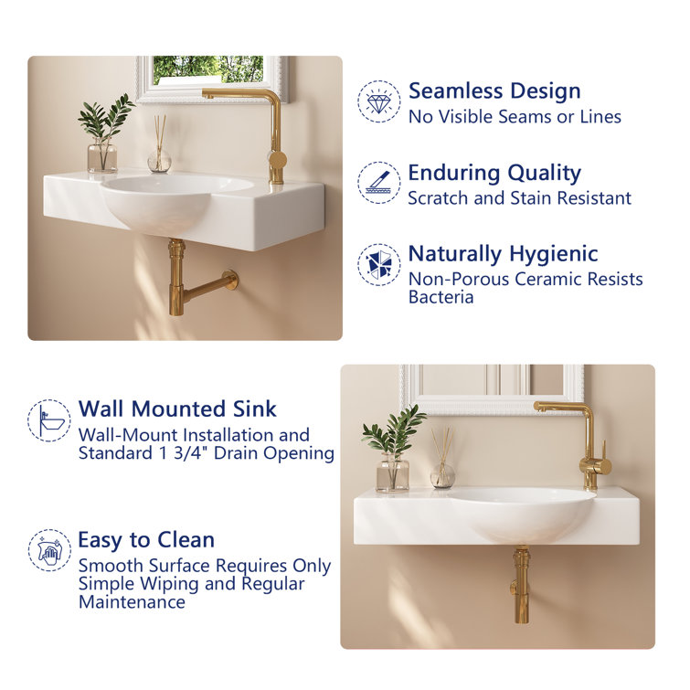 30'' White Ceramic Wall-Mount Bathroom Sink with Faucet Hole