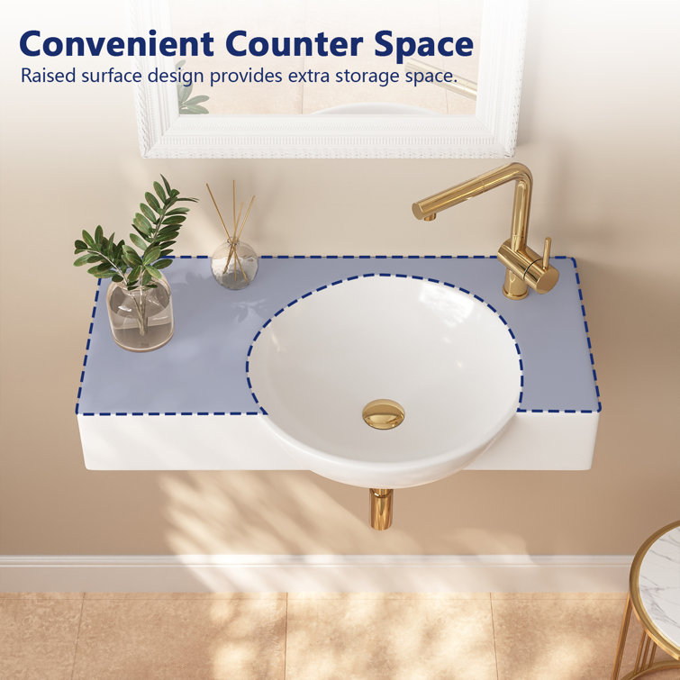30'' White Ceramic Wall-Mount Bathroom Sink with Faucet Hole