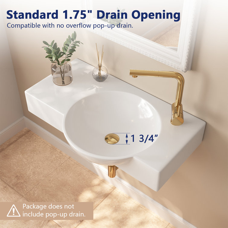 30'' White Ceramic Wall-Mount Bathroom Sink with Faucet Hole