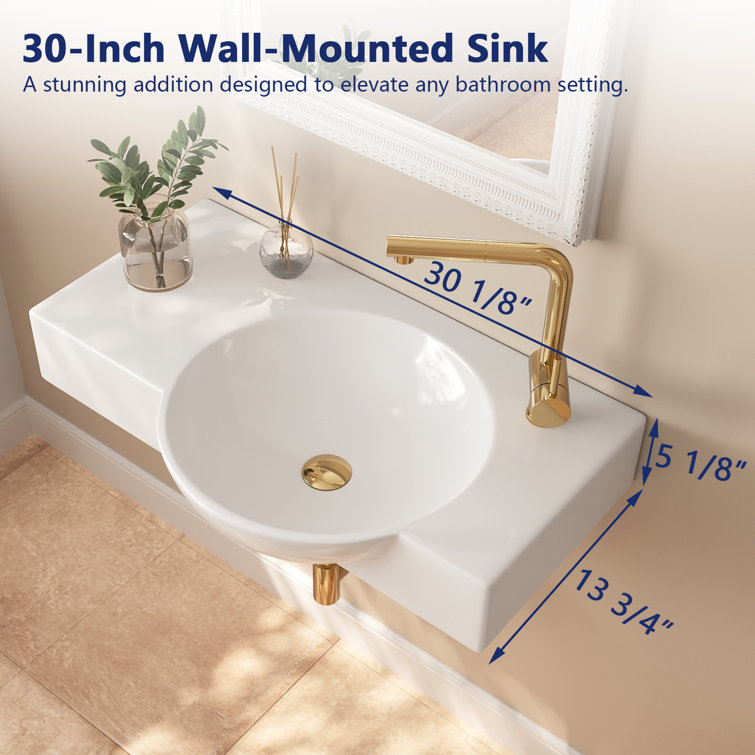 30'' White Ceramic Wall-Mount Bathroom Sink with Faucet Hole