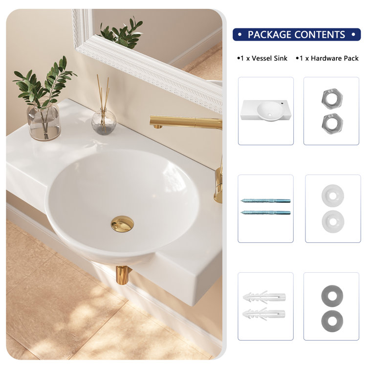 30'' White Ceramic Wall-Mount Bathroom Sink with Faucet Hole