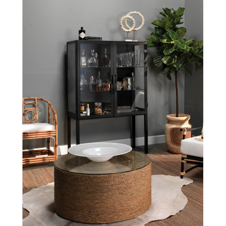 Lomita Minimalist Black Iron & Clear Glass Wide Storage Cabinet