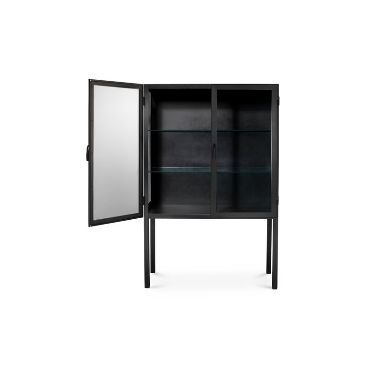 Lomita Minimalist Black Iron & Clear Glass Wide Storage Cabinet