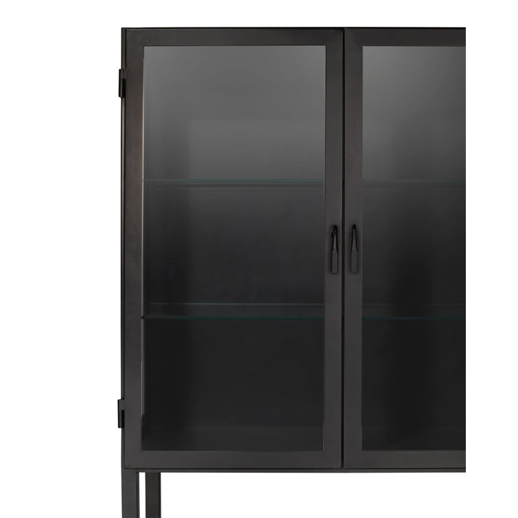 Lomita Minimalist Black Iron & Clear Glass Wide Storage Cabinet