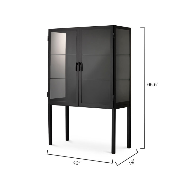 Lomita Minimalist Black Iron & Clear Glass Wide Storage Cabinet