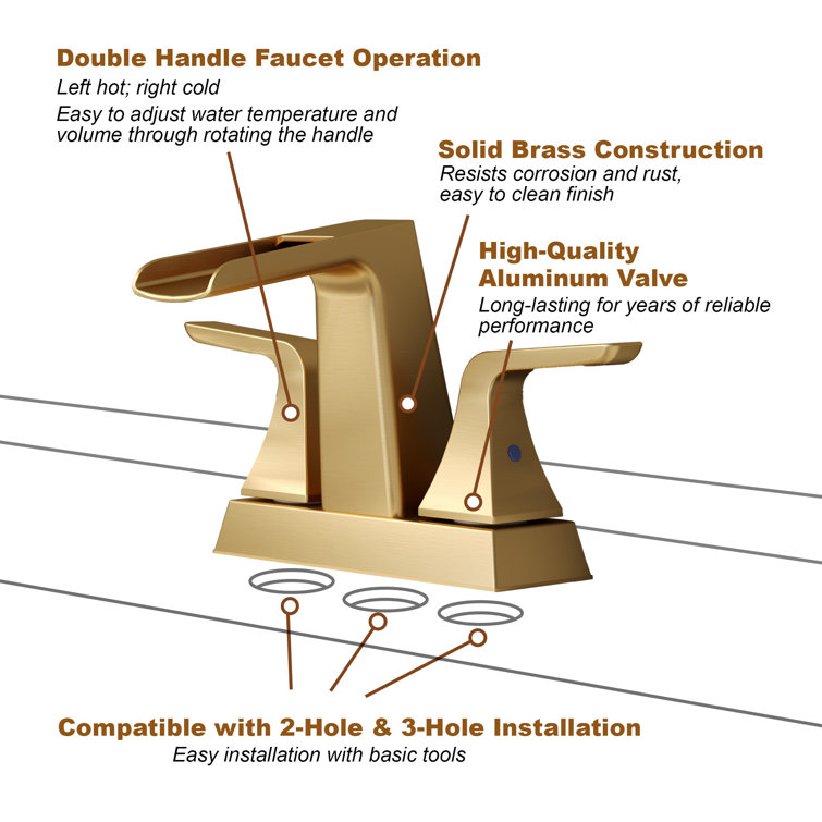 Brushed Gold Brass Centerset 2-Handle Bathroom Faucet with Drain Assembly