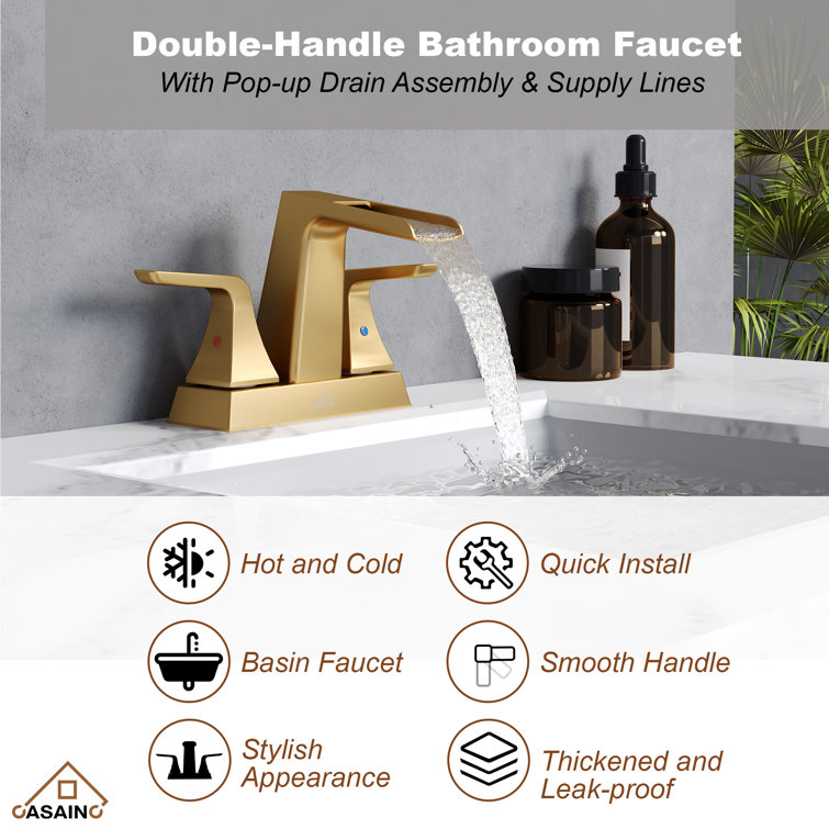 Brushed Gold Brass Centerset 2-Handle Bathroom Faucet with Drain Assembly