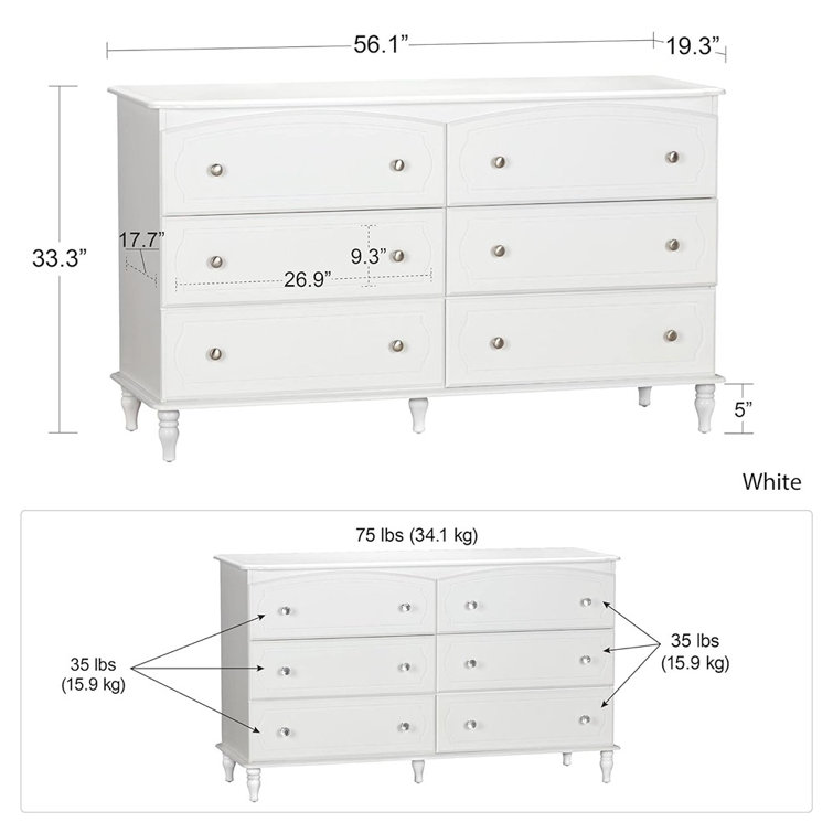 Elegant Rowan Valley Laren 6-Drawer Double Nursery Dresser in White