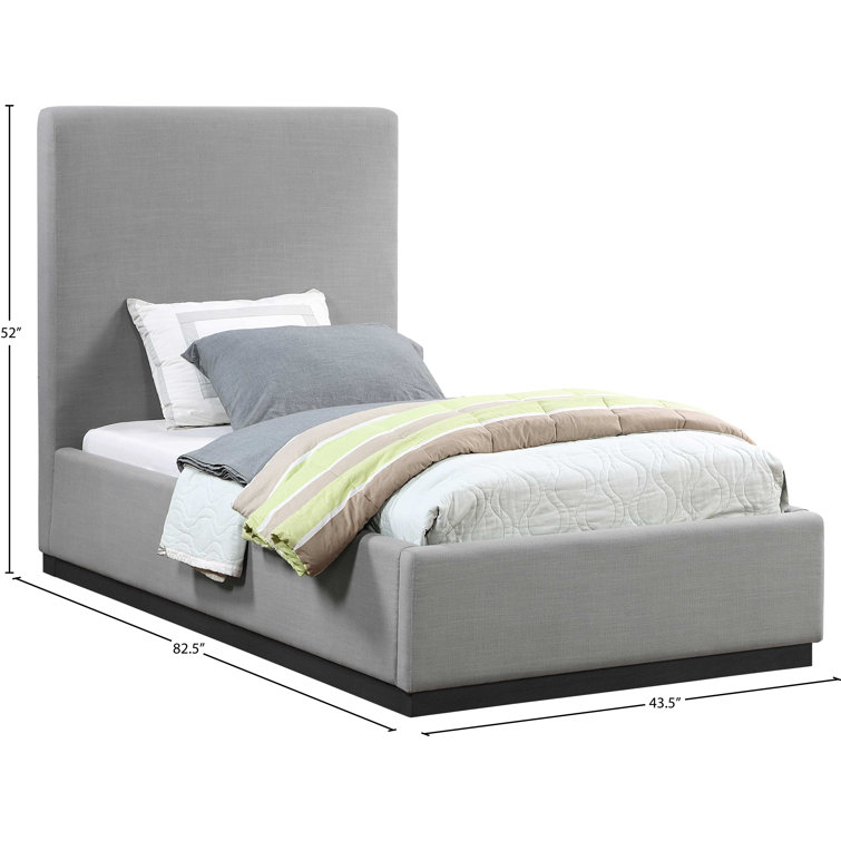 Gray Twin Upholstered Wood Frame Bed with Tall Headboard