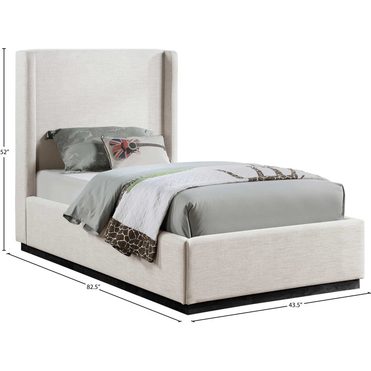 Beige Twin Linen Upholstered Wood Frame Bed with Headboard