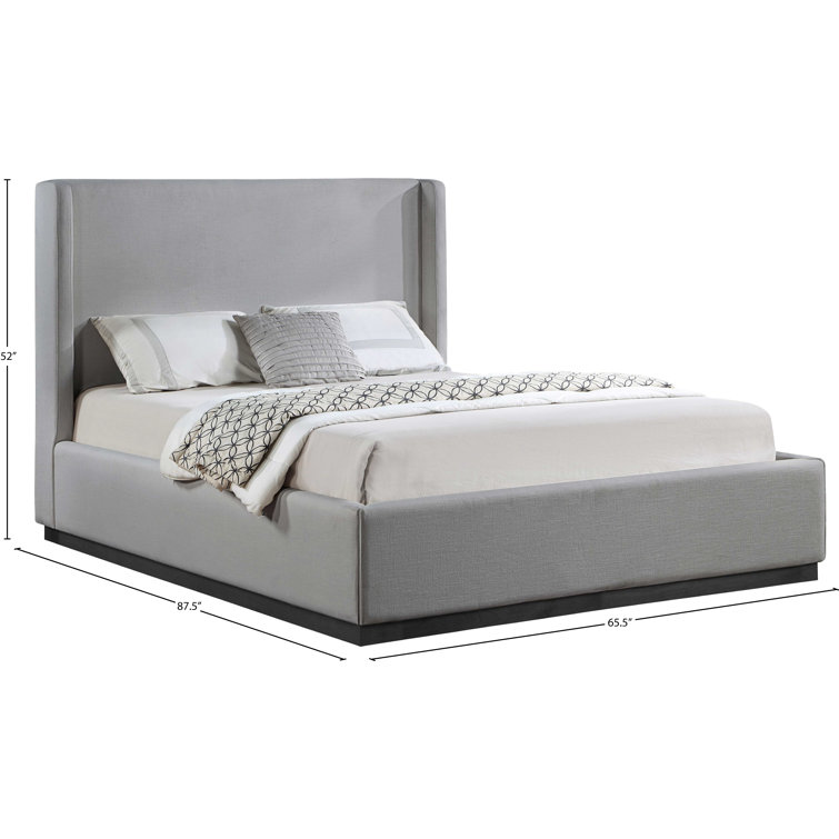 Gray Linen Upholstered Queen Bed with Tall Winged Headboard