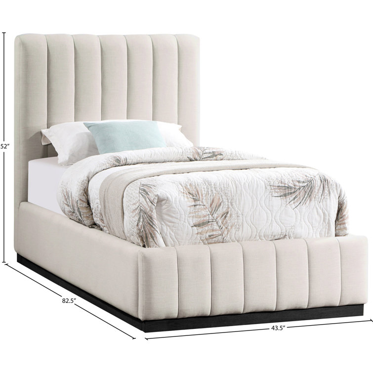 Beige Linen Upholstered Twin Bed with Tufted Headboard