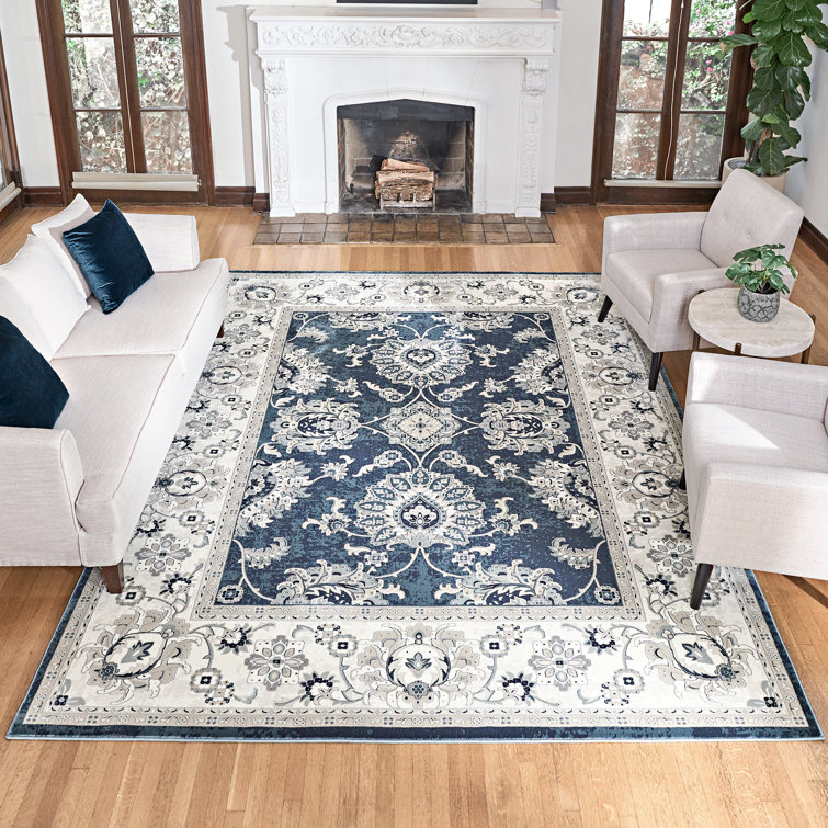 Moena Navy Blue Traditional Floral 6' x 9' Synthetic Area Rug