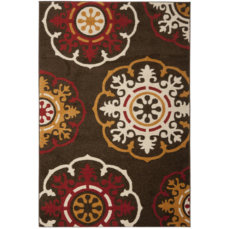 Brown and Red Floral Synthetic Rectangular Rug, 5'1" x 7'6"
