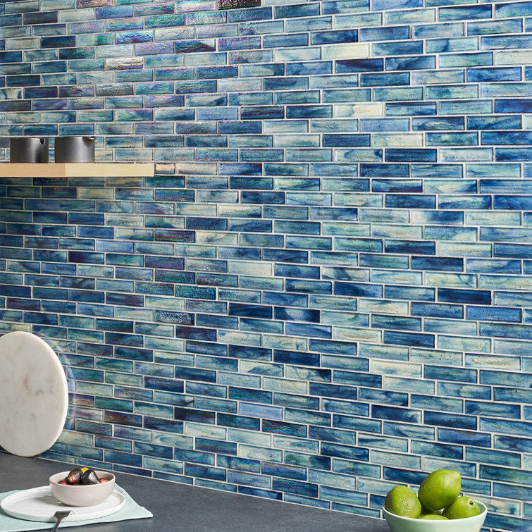 Beach Blue Polished Glass Brick Joint Mosaic Wall Tile