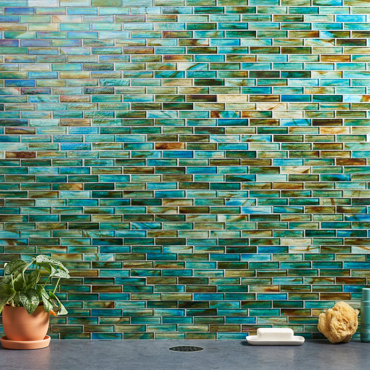 Lagoon Green Polished Glass Brick Joint Mosaic Wall Tile