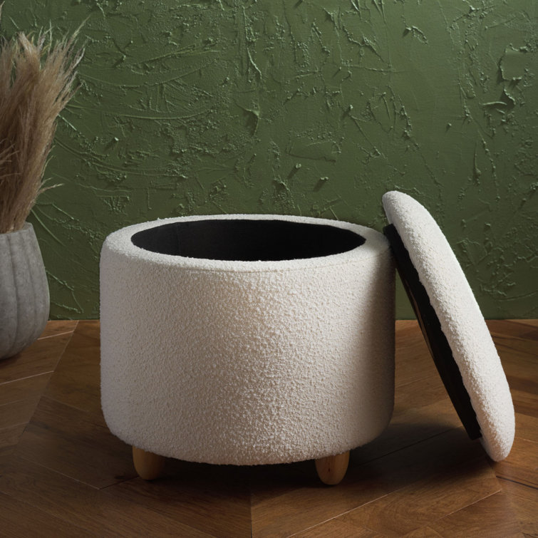 Ivory Boucle Round Upholstered Storage Ottoman with Wood Legs