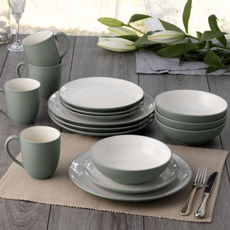 Green and Cream Stoneware Coupe Salad Plates, 8.25" Set of 4