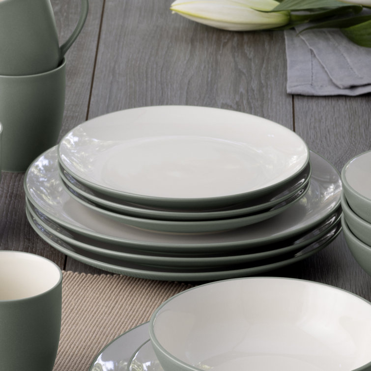 Green and Cream Stoneware Coupe Salad Plates, 8.25" Set of 4
