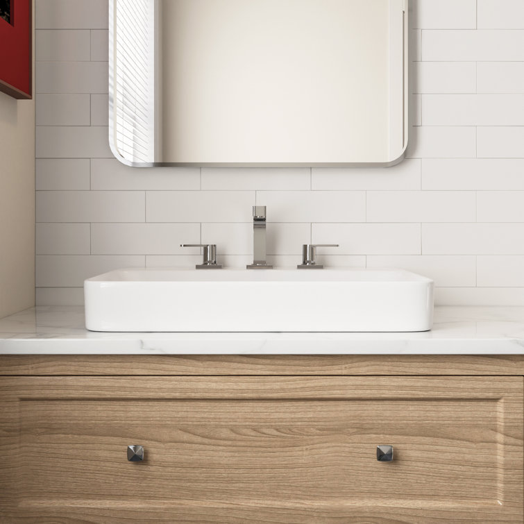 White Ceramic Rectangular Drop-In Bathroom Sink with Overflow