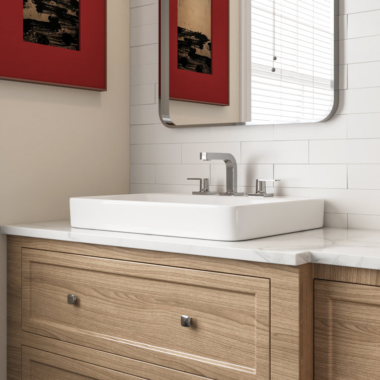 White Ceramic Rectangular Drop-In Bathroom Sink with Overflow