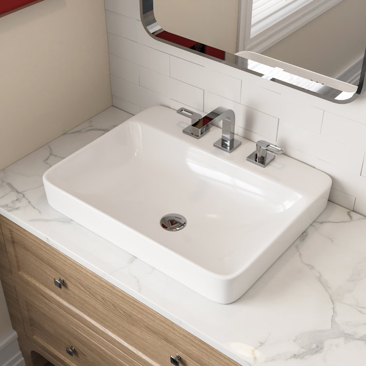 White Ceramic Rectangular Drop-In Bathroom Sink with Overflow