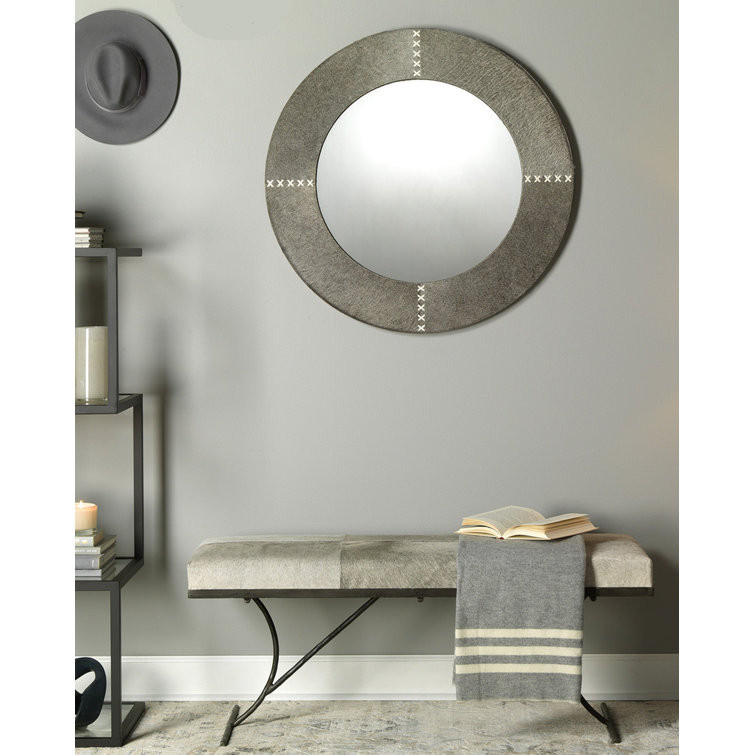 Espresso Round Wood and Leather Wall Mirror