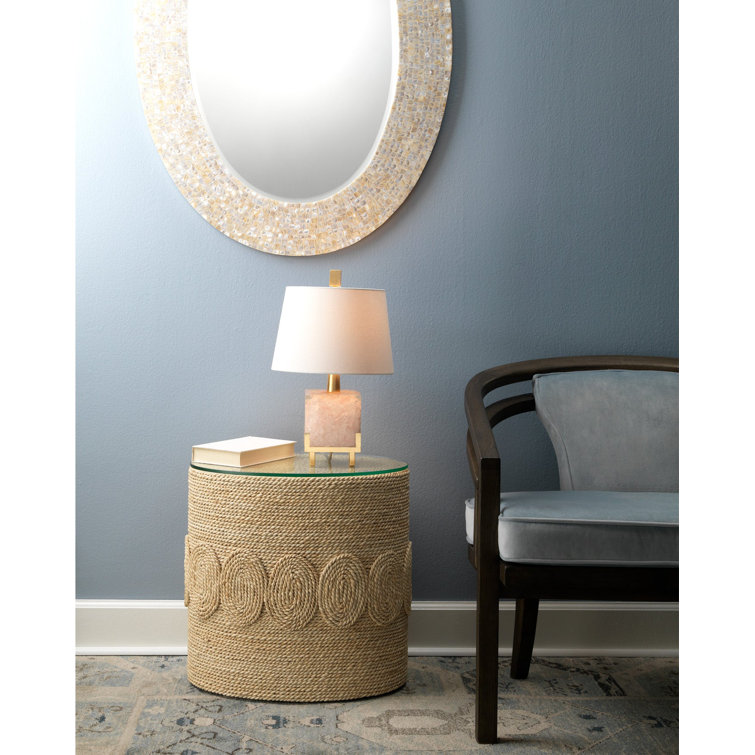 Hand-Woven Corn Straw Round Side Table with Glass Top