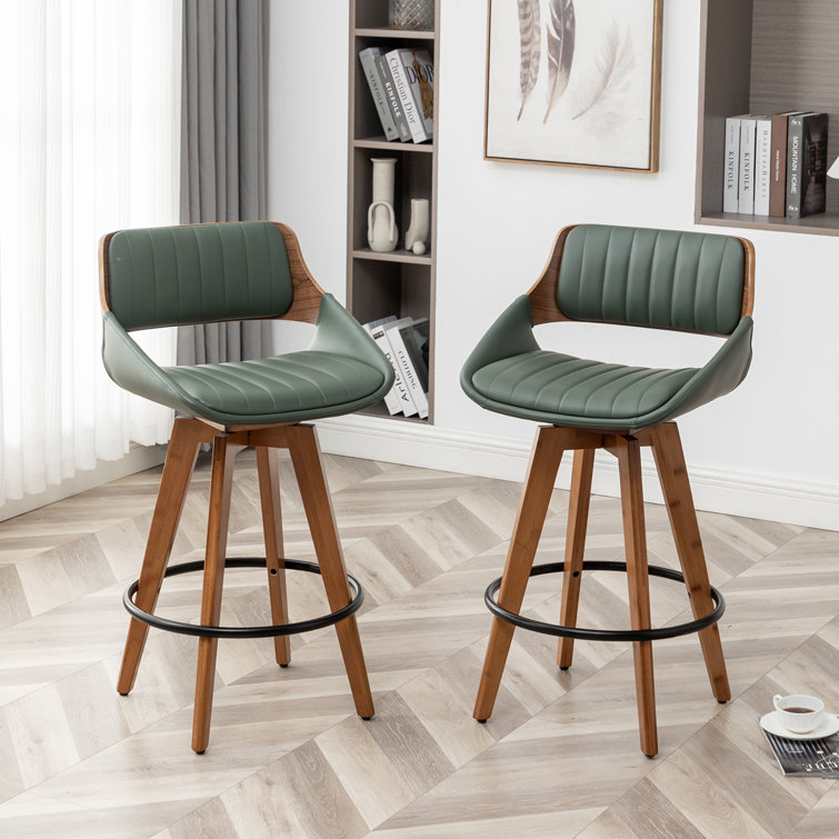 Green Faux Leather and Wood Swivel Counter Stools, Set of 2