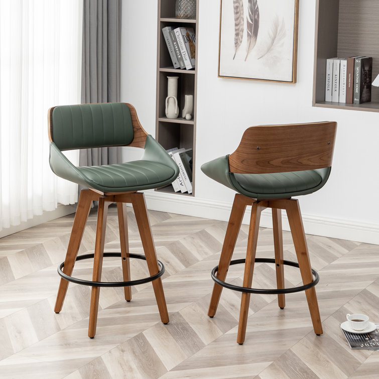 Green Faux Leather and Wood Swivel Counter Stools, Set of 2