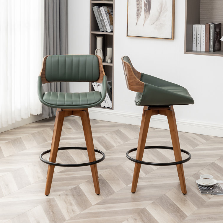 Green Faux Leather and Wood Swivel Counter Stools, Set of 2