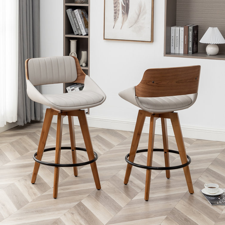 Gray Faux Leather Swivel Counter Stools with Wood Back and Legs, Set of 2