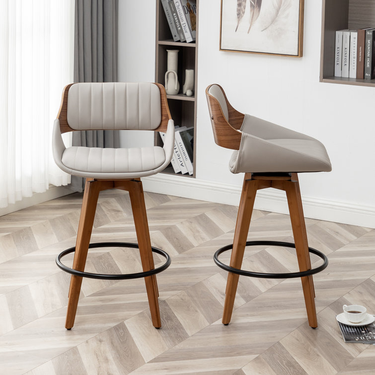 Gray Faux Leather Swivel Counter Stools with Wood Back and Legs, Set of 2
