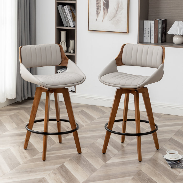 Gray Faux Leather Swivel Counter Stools with Wood Back and Legs, Set of 2