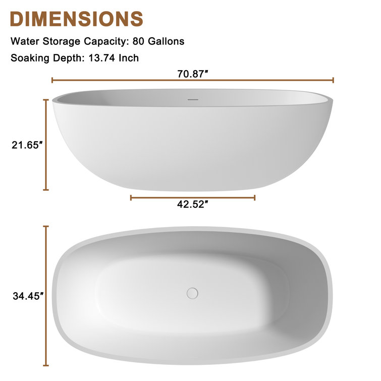 71'' Matte White Freestanding Soaking Tub with Black Pillow