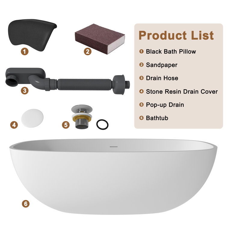 71'' Matte White Freestanding Soaking Tub with Black Pillow