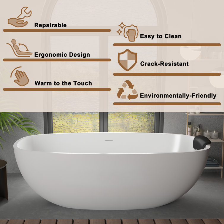 71'' Matte White Freestanding Soaking Tub with Black Pillow