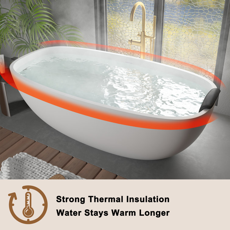 71'' Matte White Freestanding Soaking Tub with Black Pillow